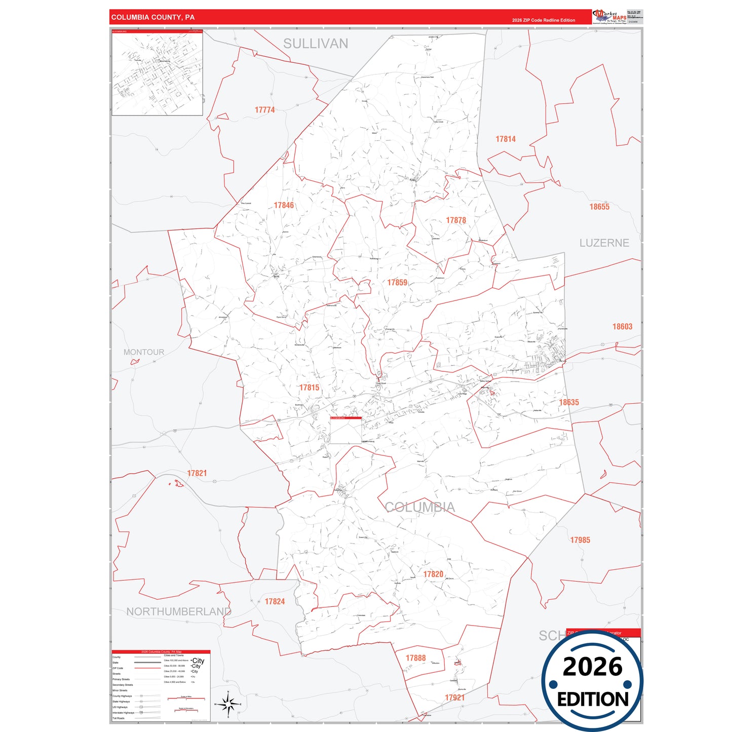 Columbia County, PA Red Line 5 Digit ZIP Code Wall Map