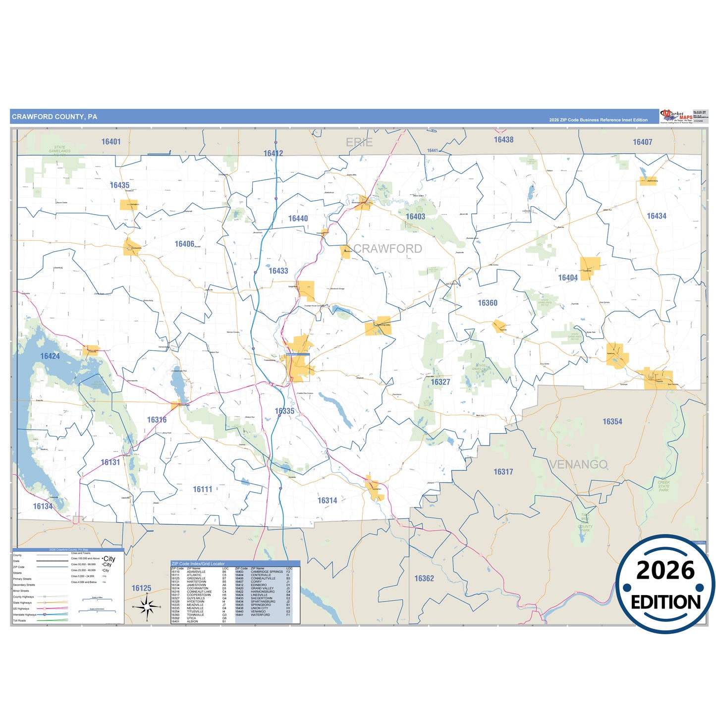 Crawford County, PA Business Reference 5 Digit ZIP Code Wall Map