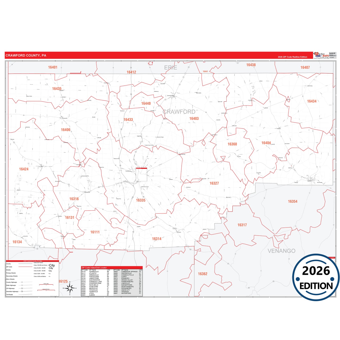 Crawford County, PA Red Line 5 Digit ZIP Code Wall Map