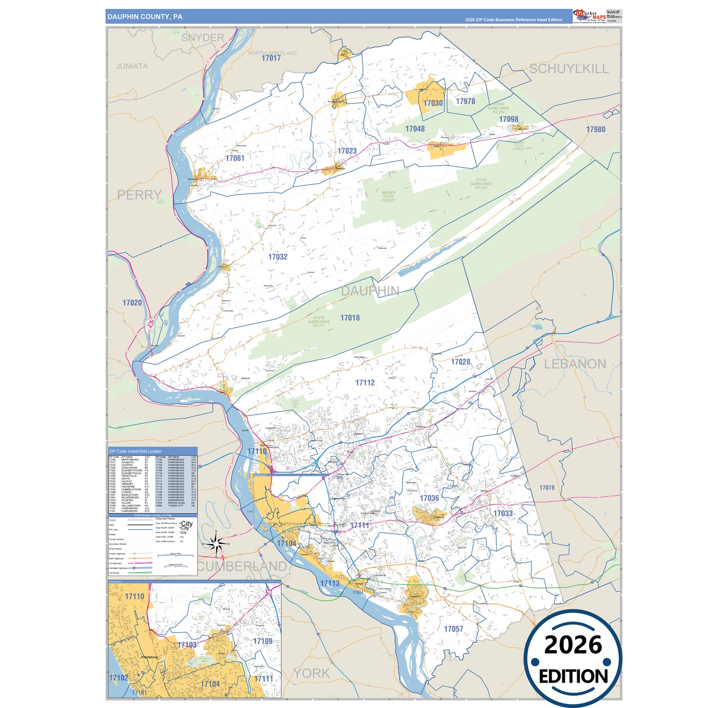 Dauphin County, PA Business Reference 5 Digit ZIP Code Wall Map