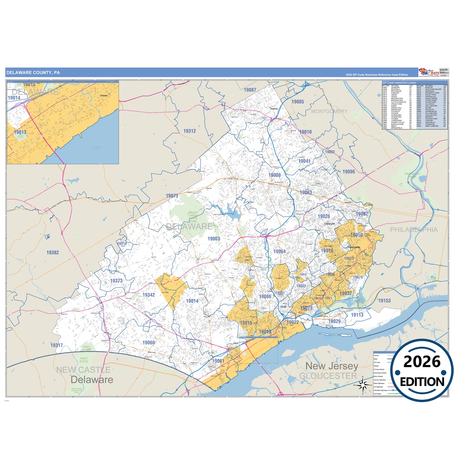 Delaware County, PA Business Reference 5 Digit ZIP Code Wall Map