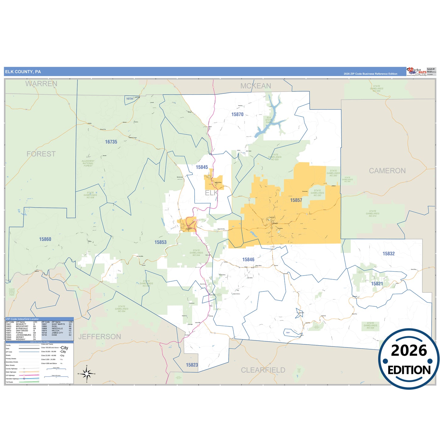 Elk County, PA Business Reference 5 Digit ZIP Code Wall Map