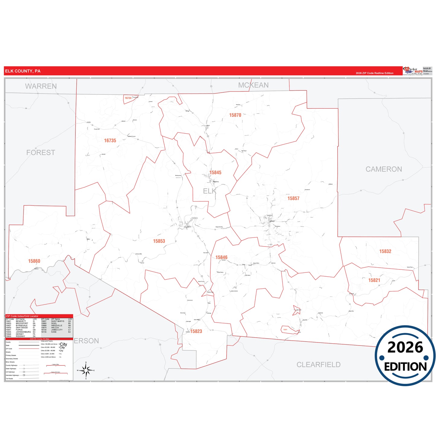 Elk County, PA Red Line 5 Digit ZIP Code Wall Map