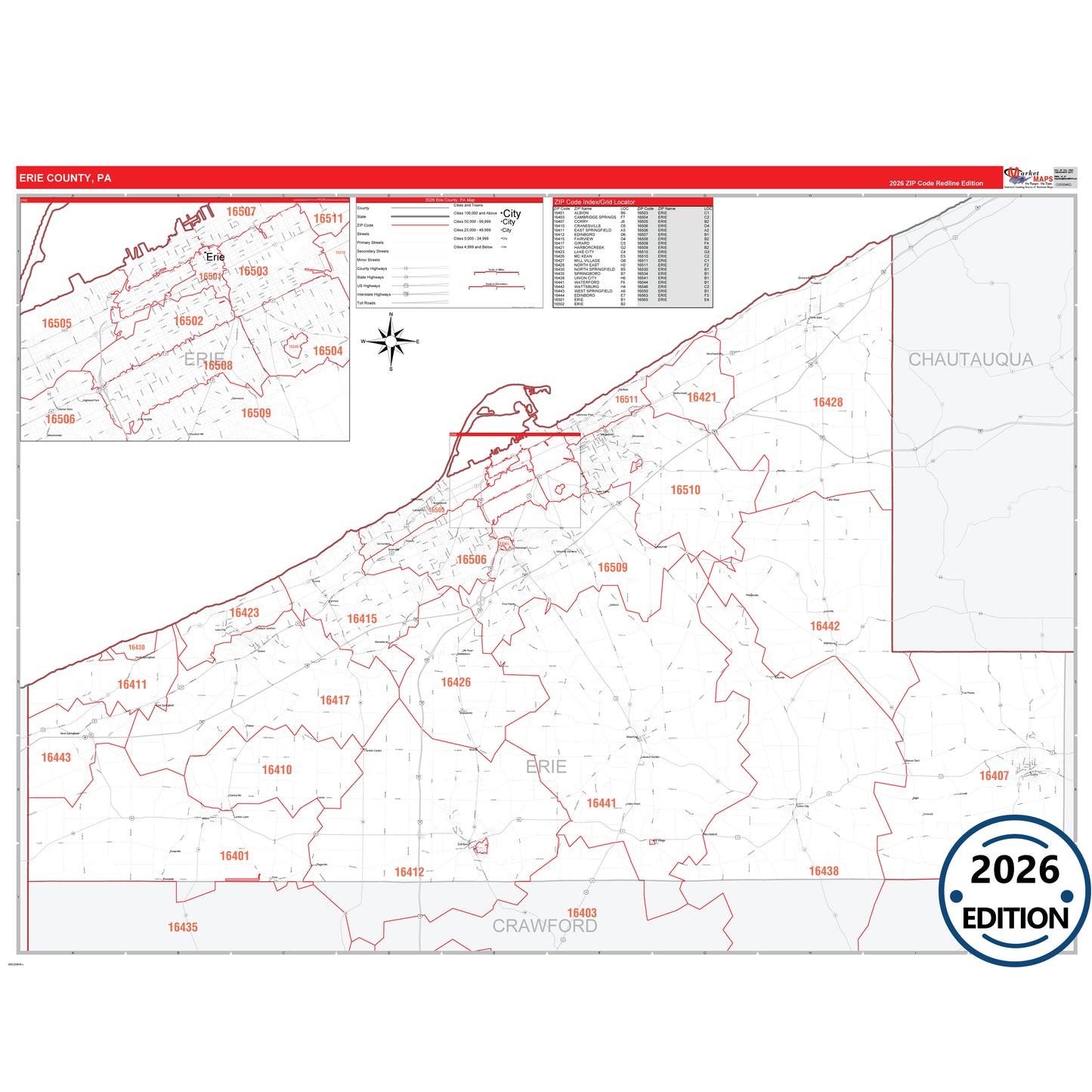Erie County, PA Red Line 5 Digit ZIP Code Wall Map