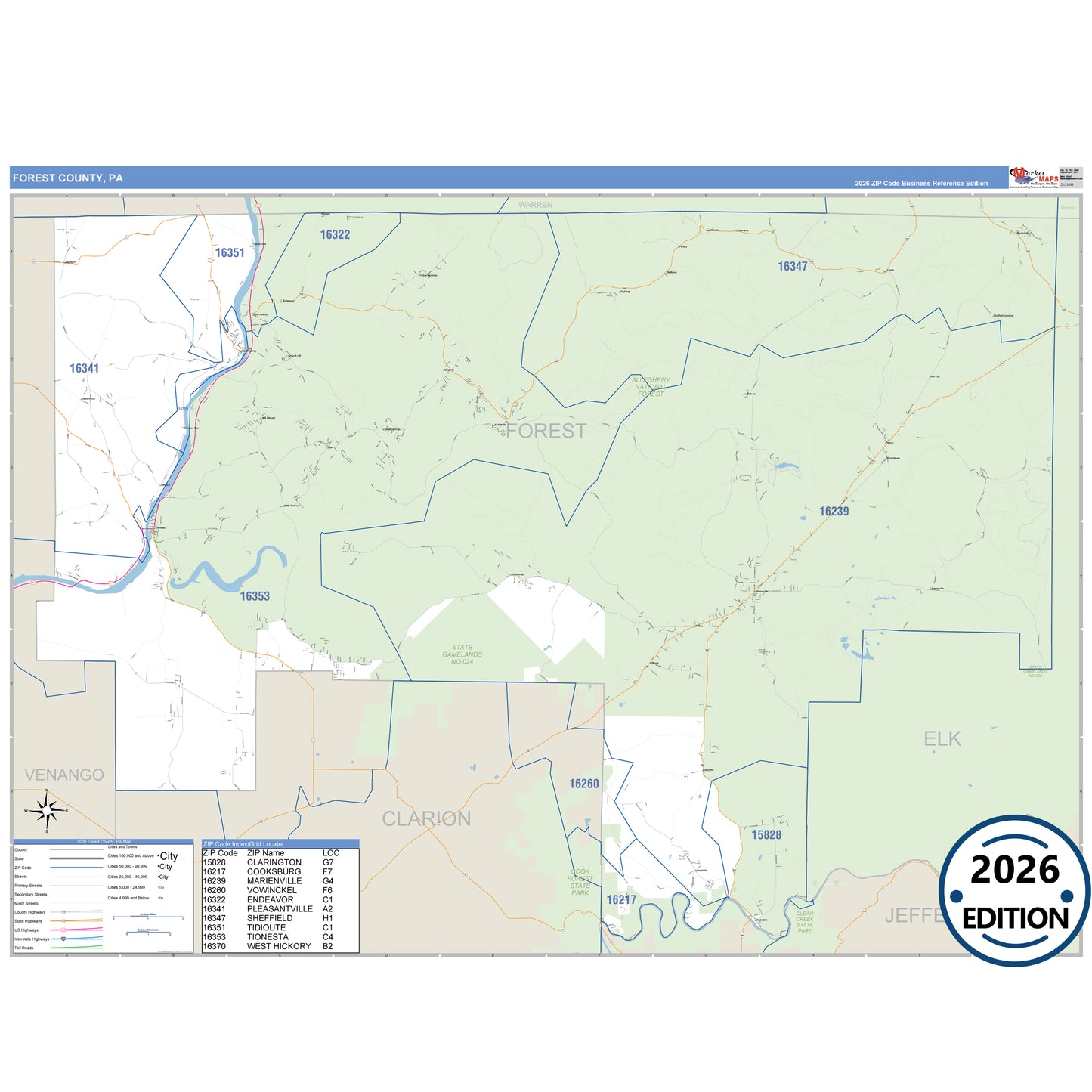 Forest County, PA Business Reference 5 Digit ZIP Code Wall Map