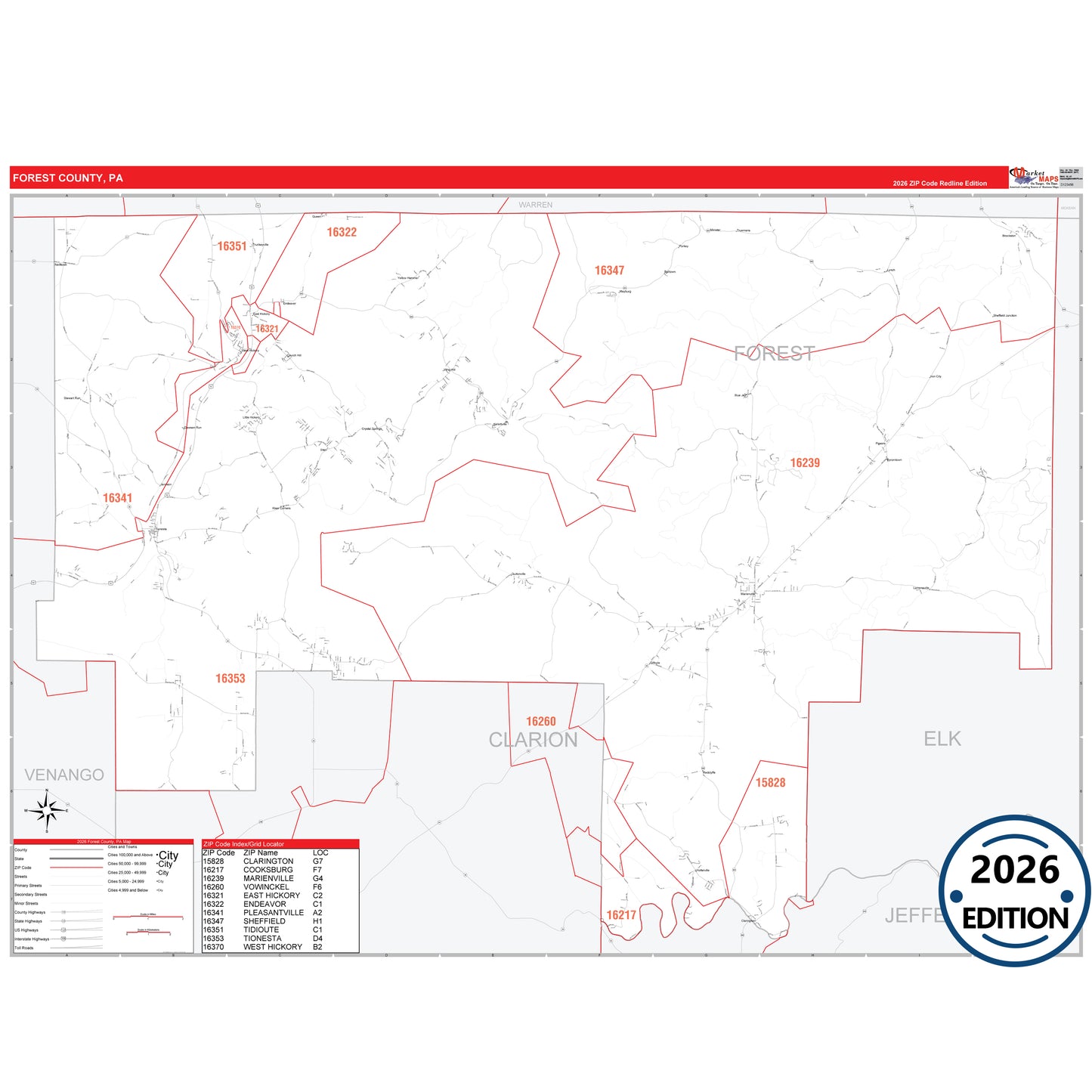 Forest County, PA Red Line 5 Digit ZIP Code Wall Map