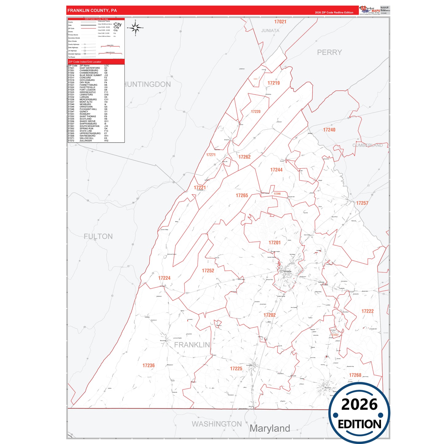 Franklin County, PA Red Line 5 Digit ZIP Code Wall Map