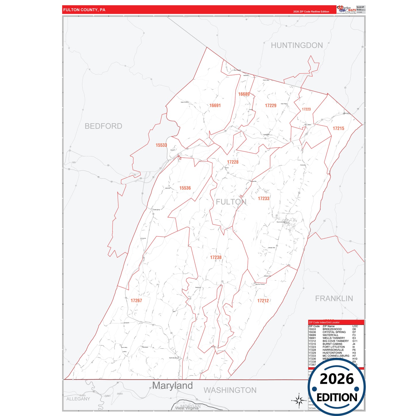 Fulton County, PA Red Line 5 Digit ZIP Code Wall Map