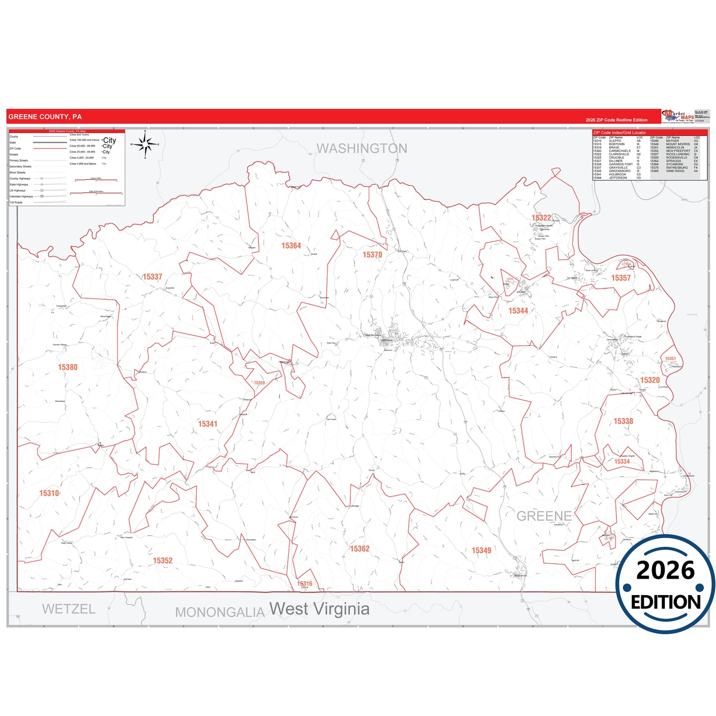 Greene County, PA Red Line 5 Digit ZIP Code Wall Map