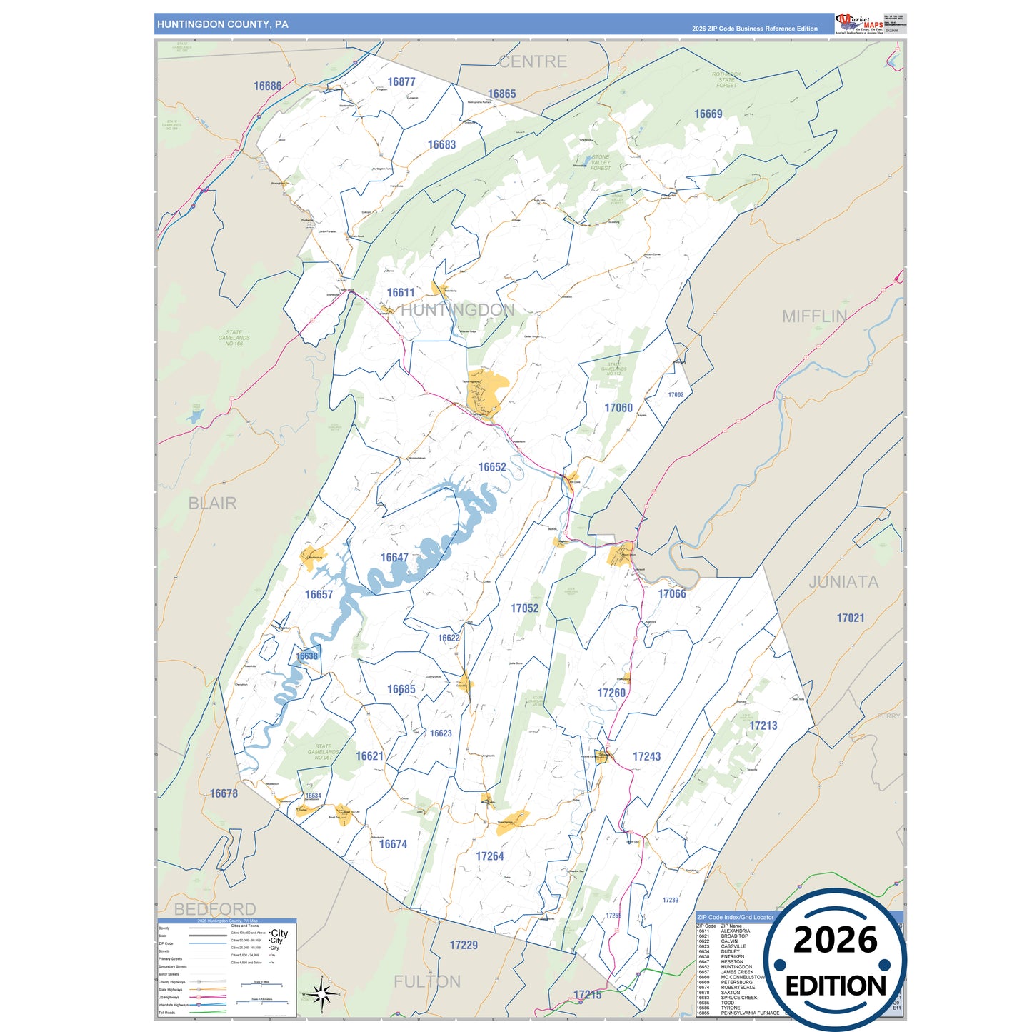 Huntingdon County, PA Business Reference 5 Digit ZIP Code Wall Map