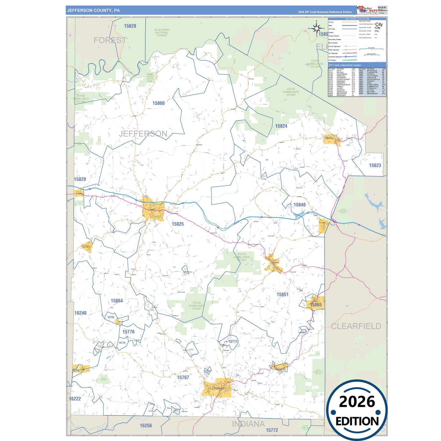 Jefferson County, PA Business Reference 5 Digit ZIP Code Wall Map