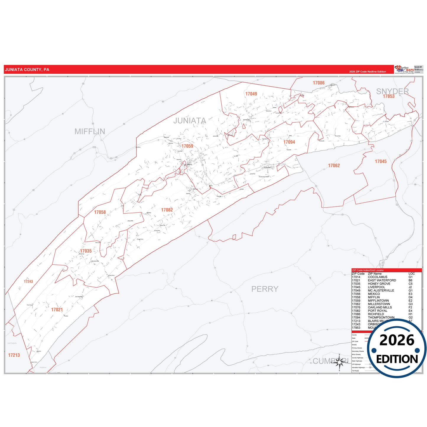 Juniata County, PA Red Line 5 Digit ZIP Code Wall Map