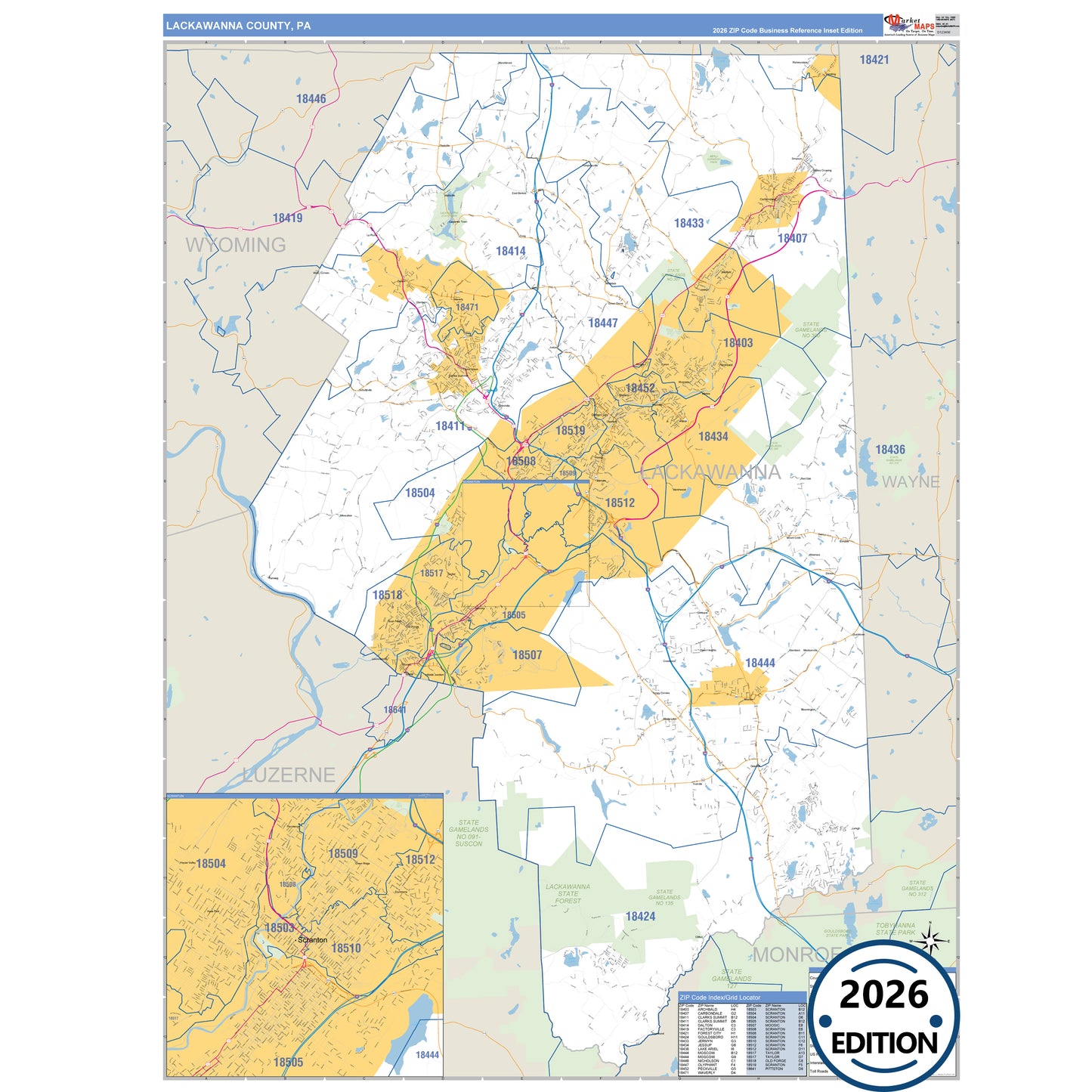 Lackawanna County, PA Business Reference 5 Digit ZIP Code Wall Map