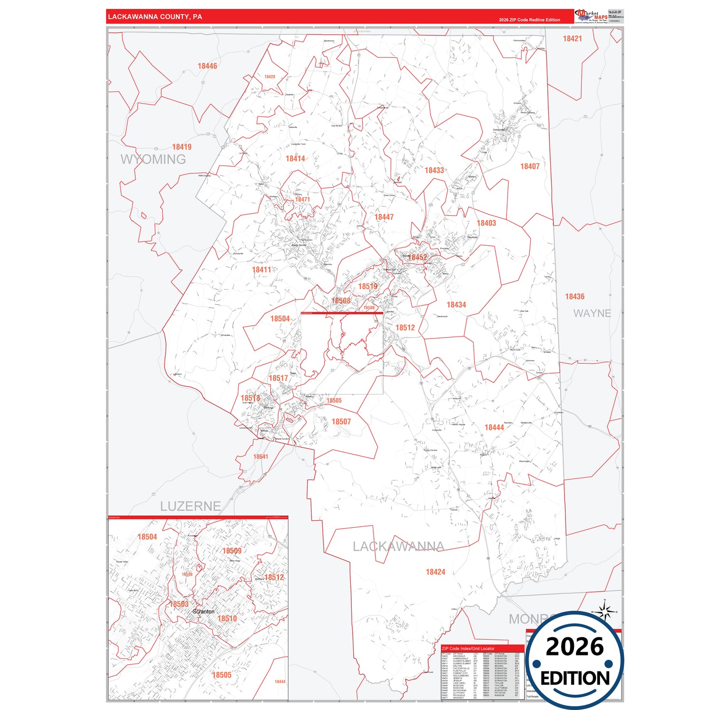 Lackawanna County, PA Red Line 5 Digit ZIP Code Wall Map