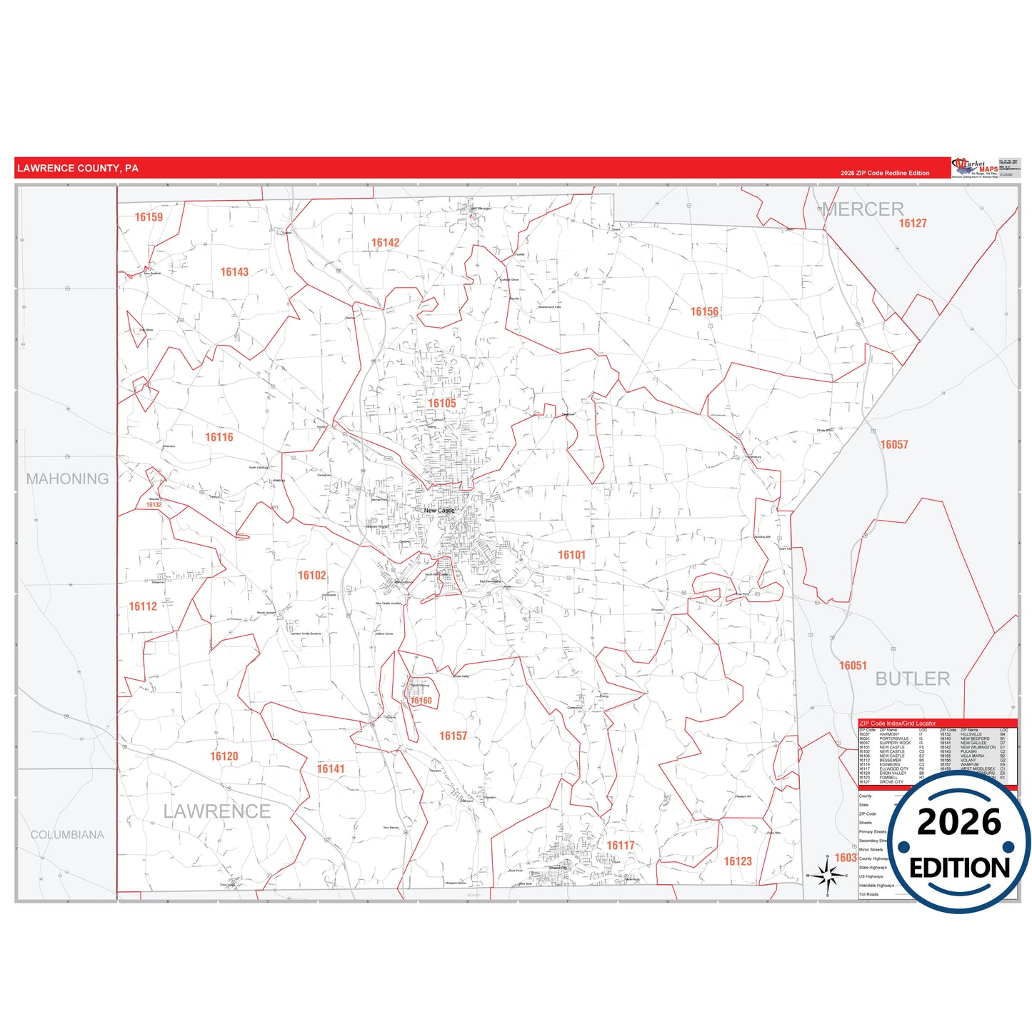Lawrence County, PA Red Line 5 Digit ZIP Code Wall Map