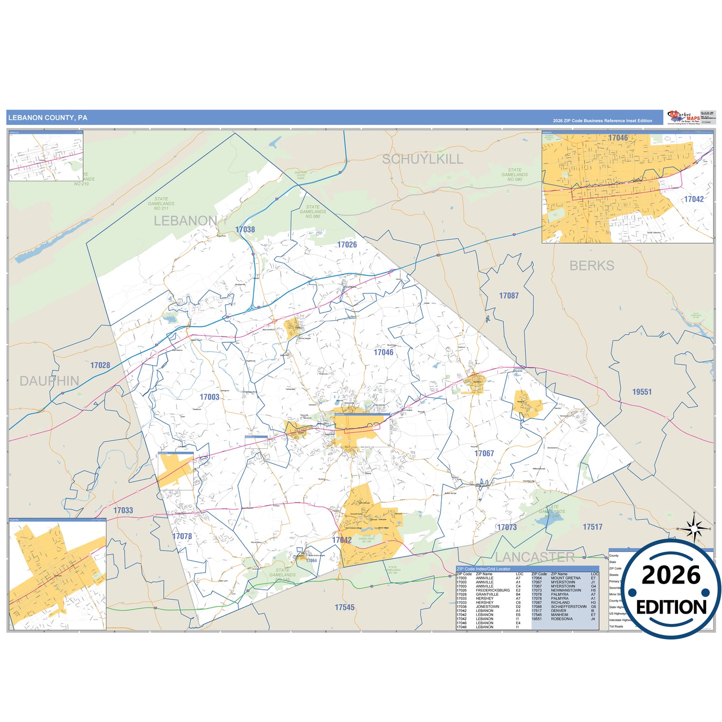 Lebanon County, PA Business Reference 5 Digit ZIP Code Wall Map