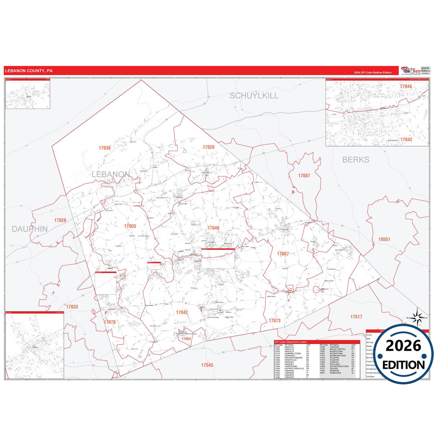 Lebanon County, PA Red Line 5 Digit ZIP Code Wall Map