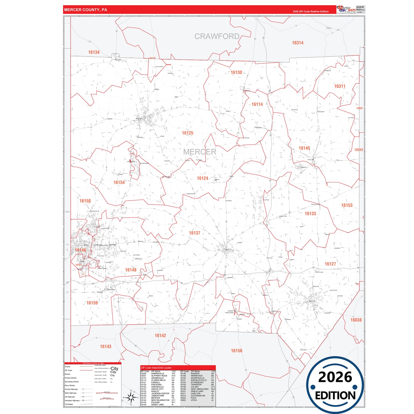 Mercer County, PA Red Line 5 Digit ZIP Code Wall Map