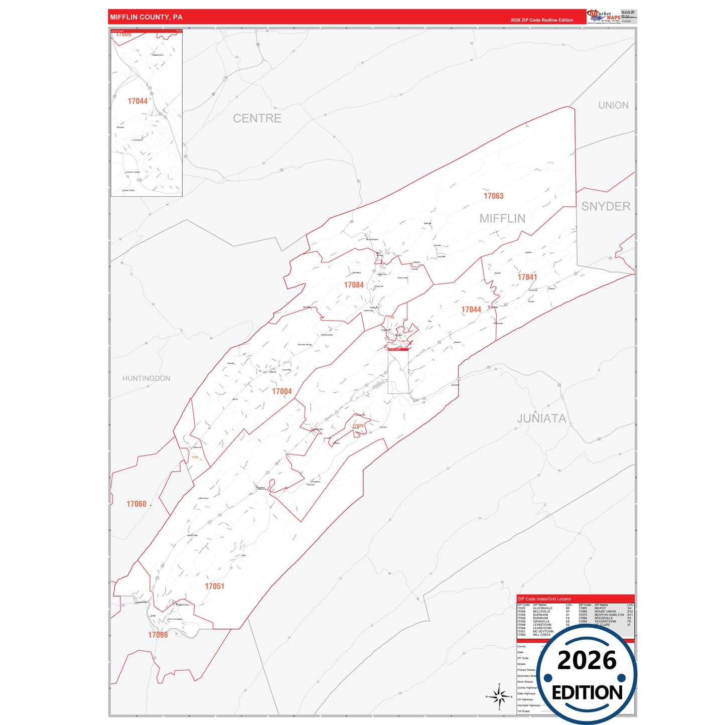 Mifflin County, PA Red Line 5 Digit ZIP Code Wall Map