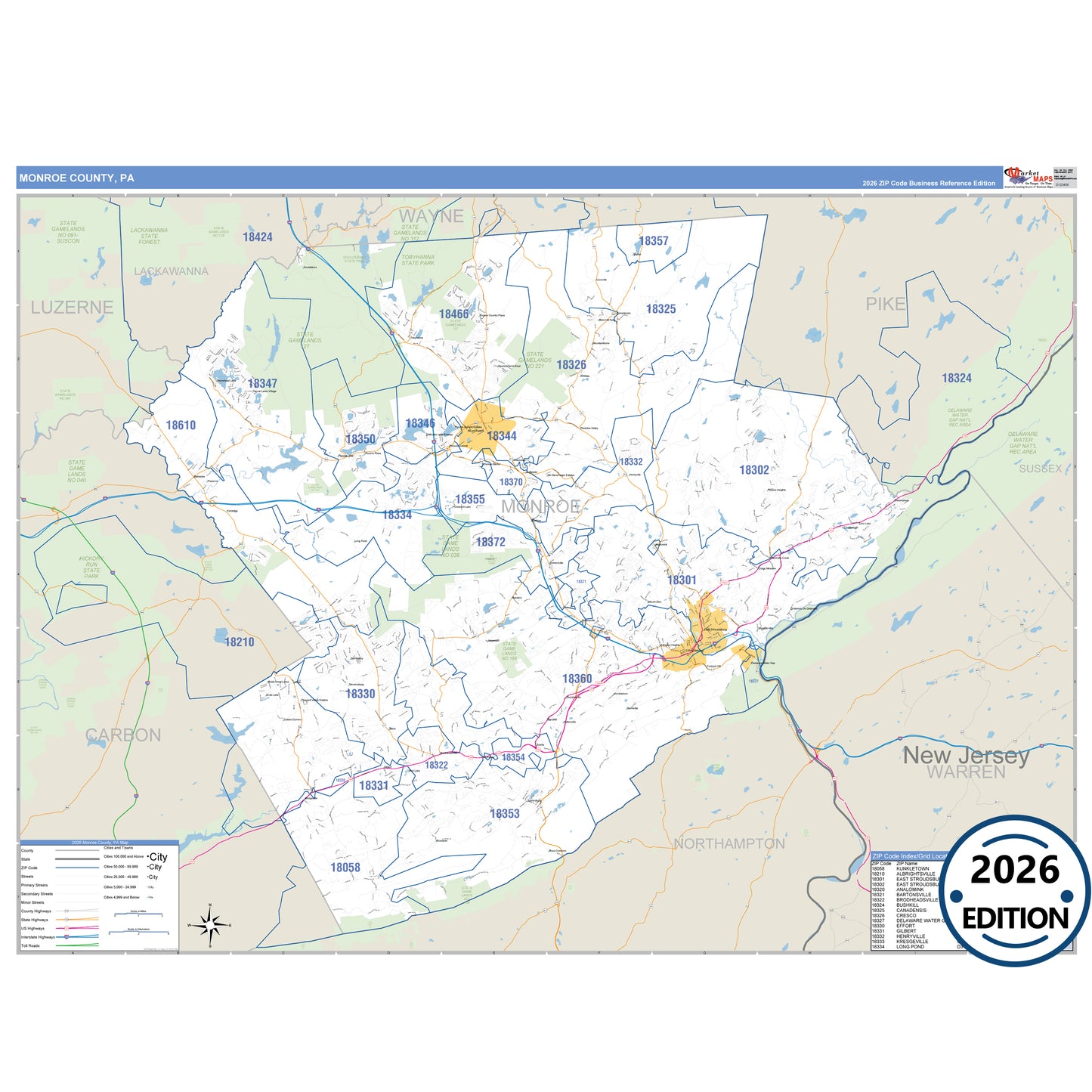 Monroe County, PA Business Reference 5 Digit ZIP Code Wall Map