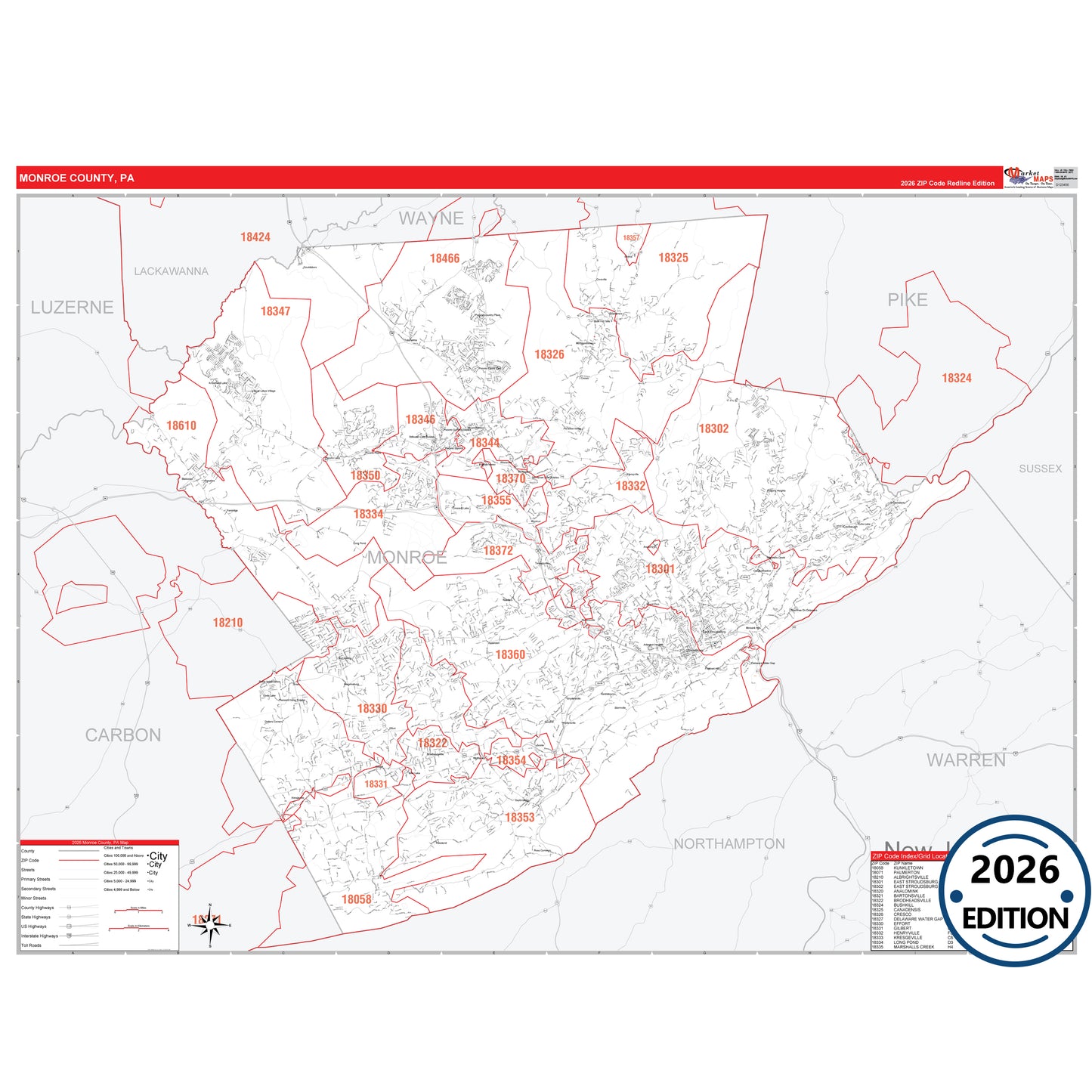 Monroe County, PA Red Line 5 Digit ZIP Code Wall Map