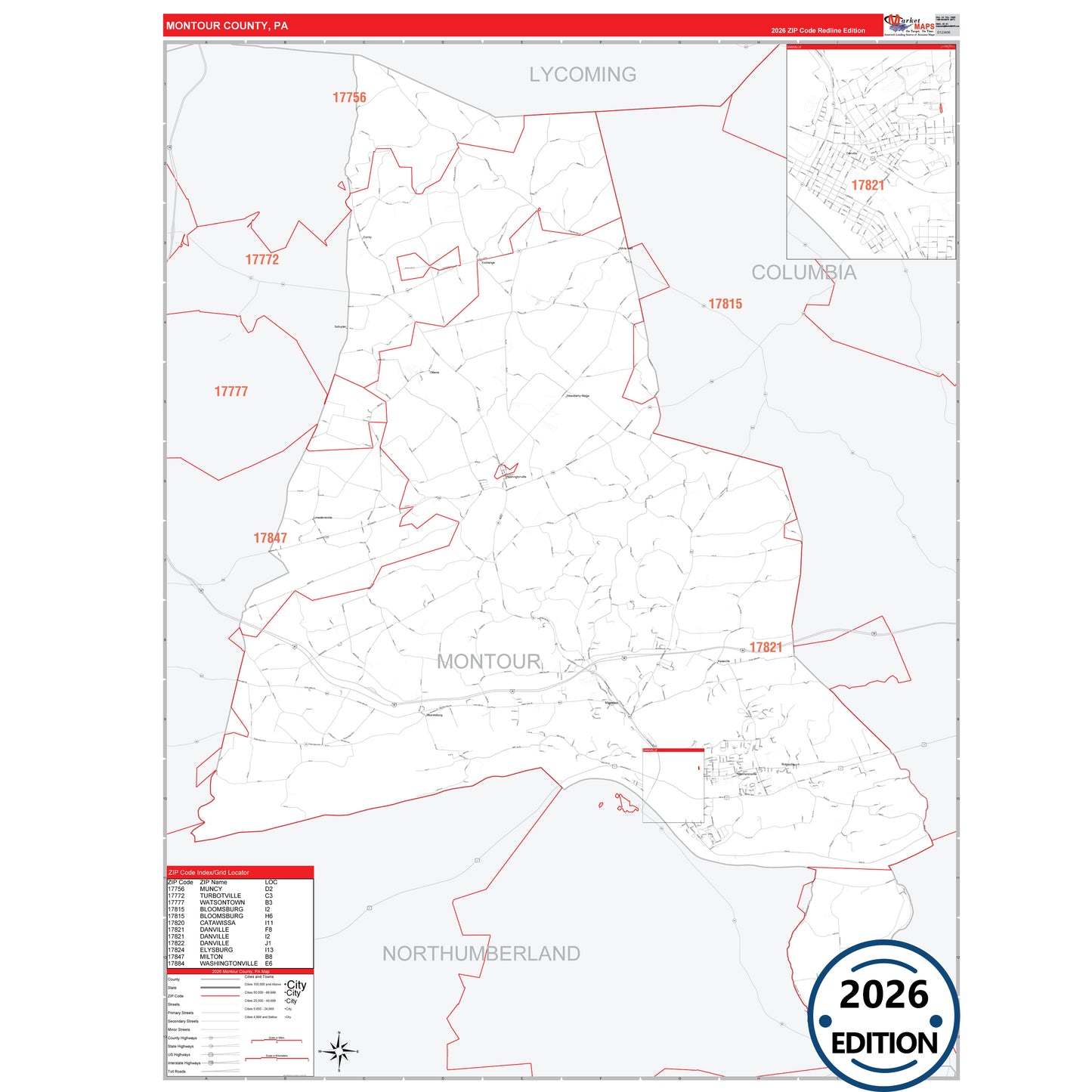 Montour County, PA Red Line 5 Digit ZIP Code Wall Map