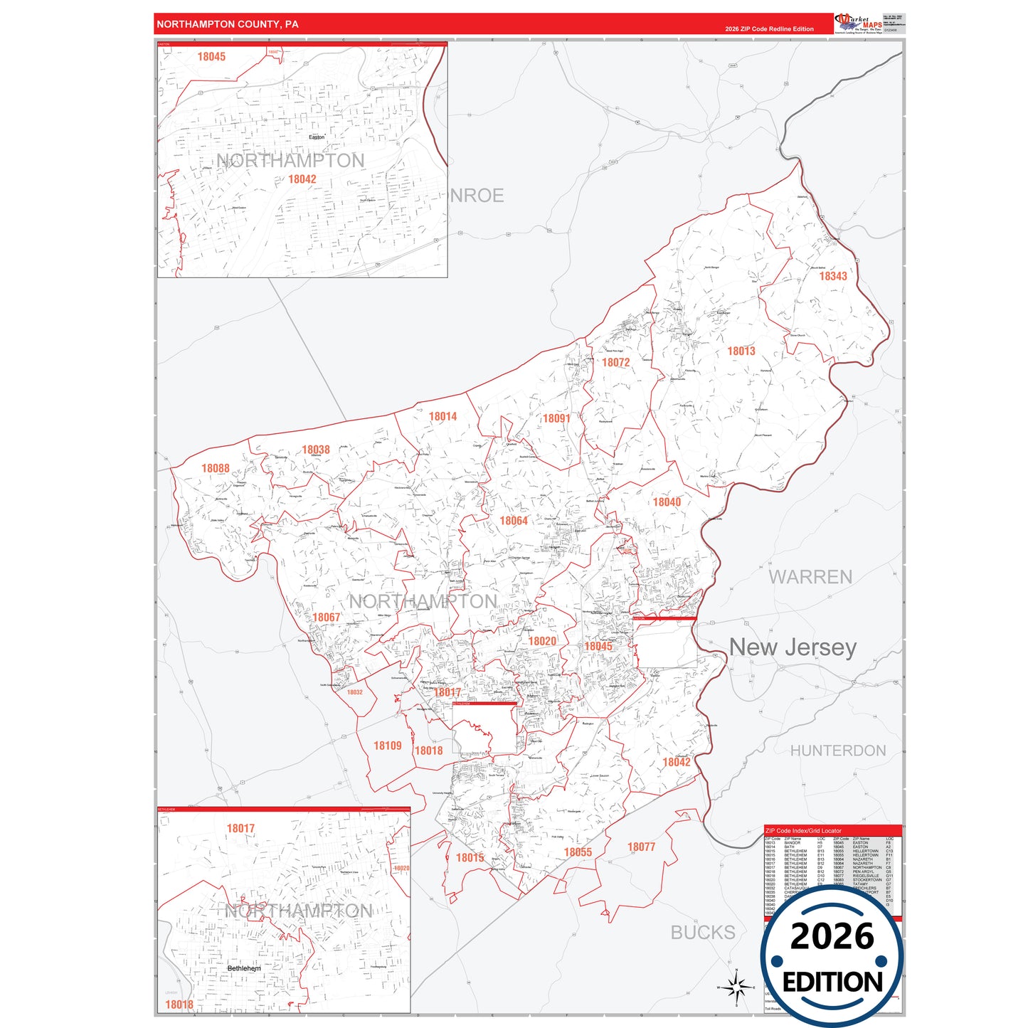 Northampton County, PA Red Line 5 Digit ZIP Code Wall Map