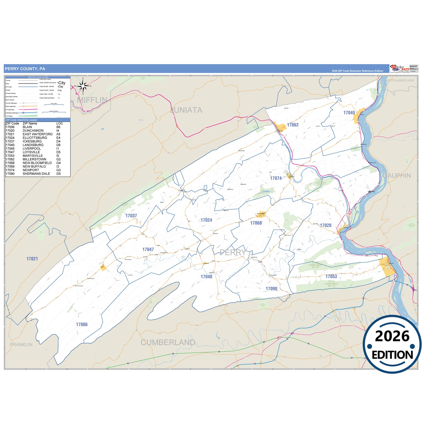 Perry County, PA Business Reference 5 Digit ZIP Code Wall Map