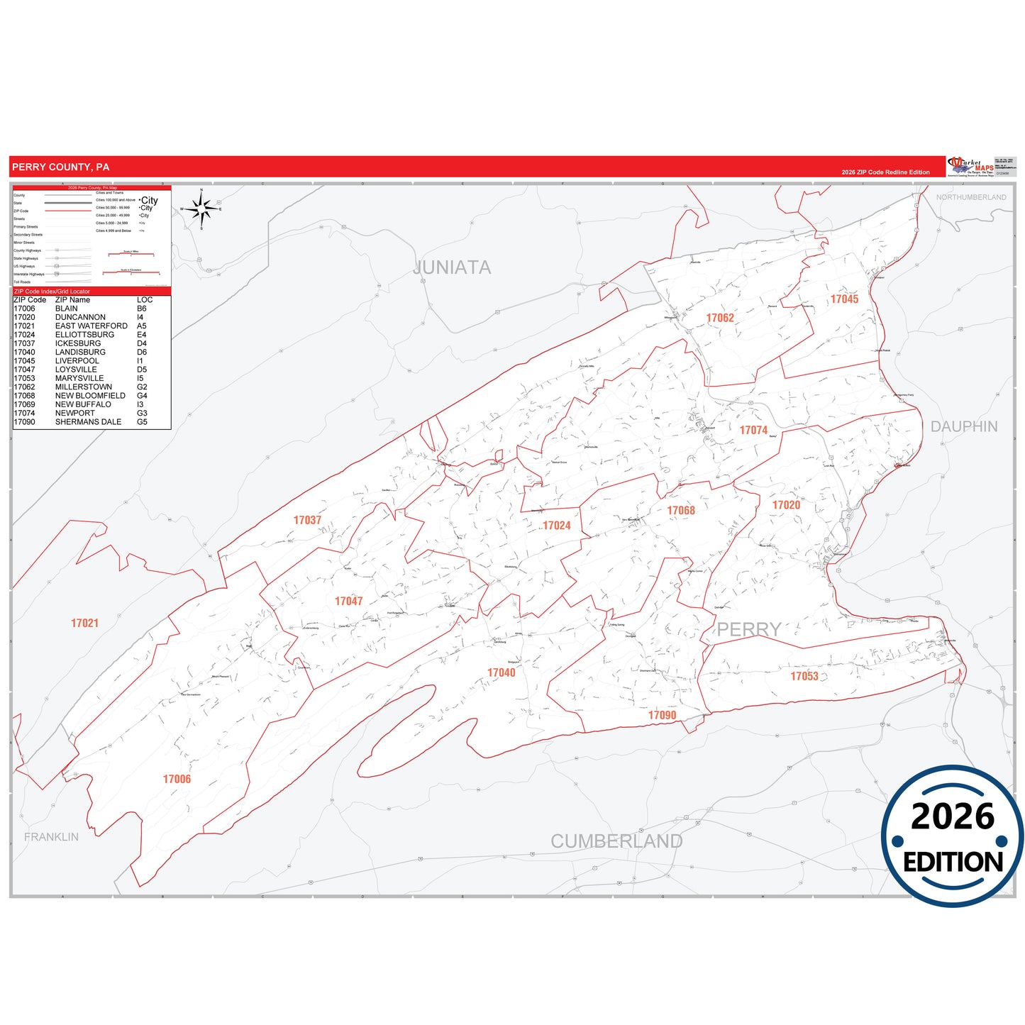 Perry County, PA Red Line 5 Digit ZIP Code Wall Map