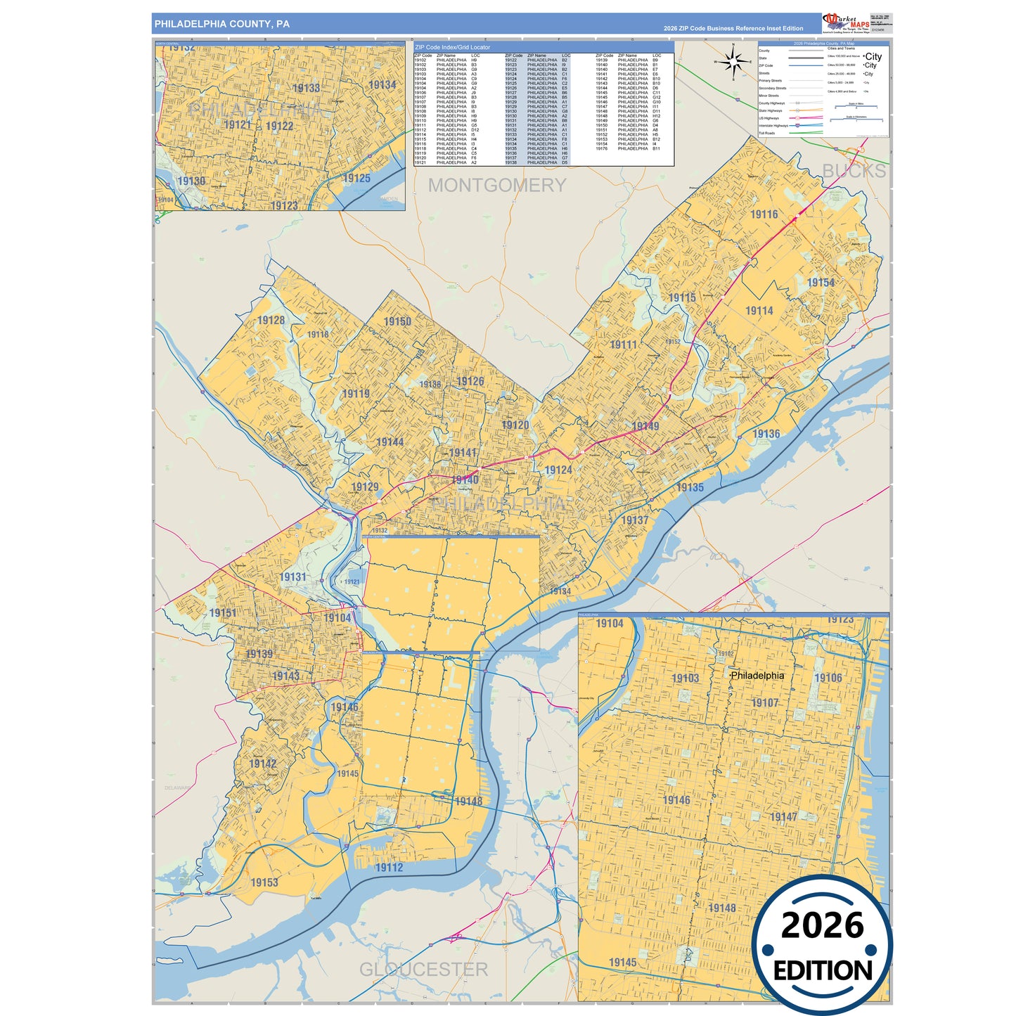 Philadelphia County, PA Business Reference 5 Digit ZIP Code Wall Map