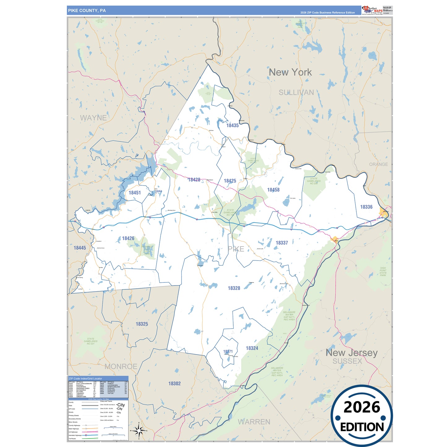 Pike County, PA Business Reference 5 Digit ZIP Code Wall Map
