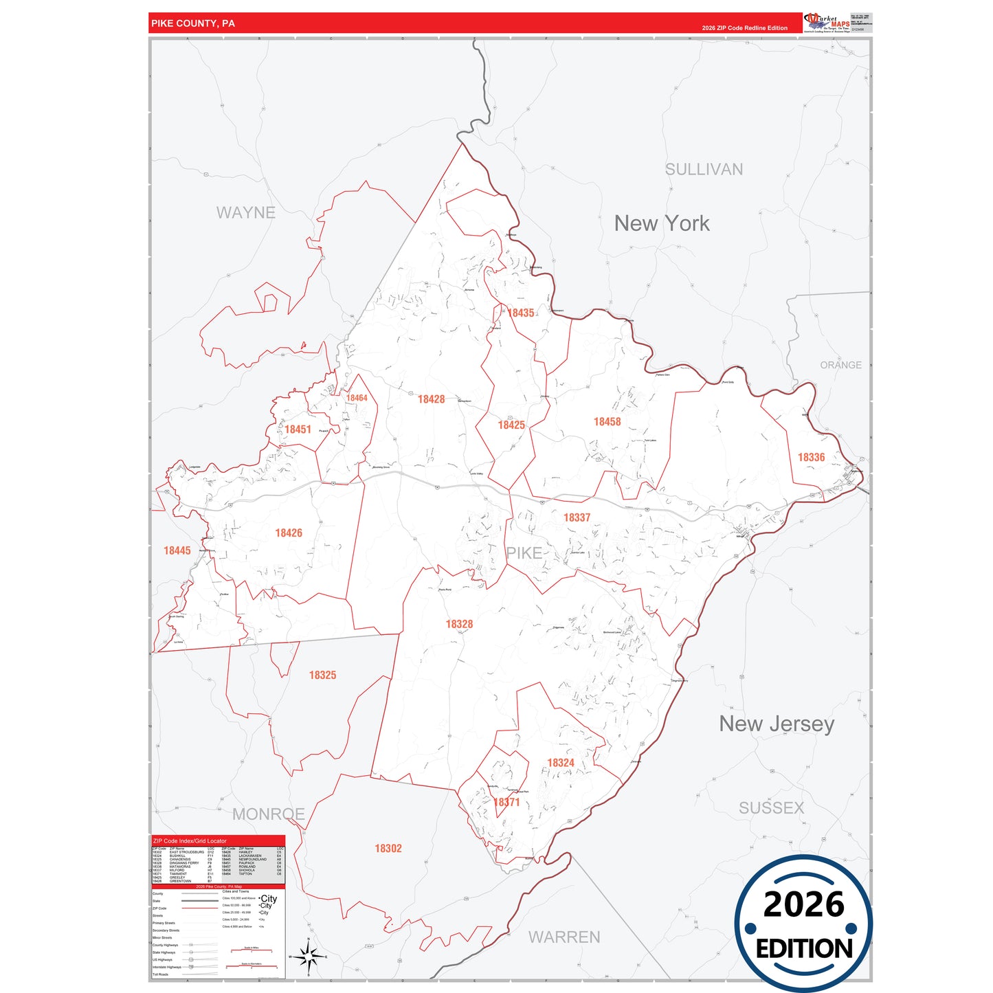 Pike County, PA Red Line 5 Digit ZIP Code Wall Map