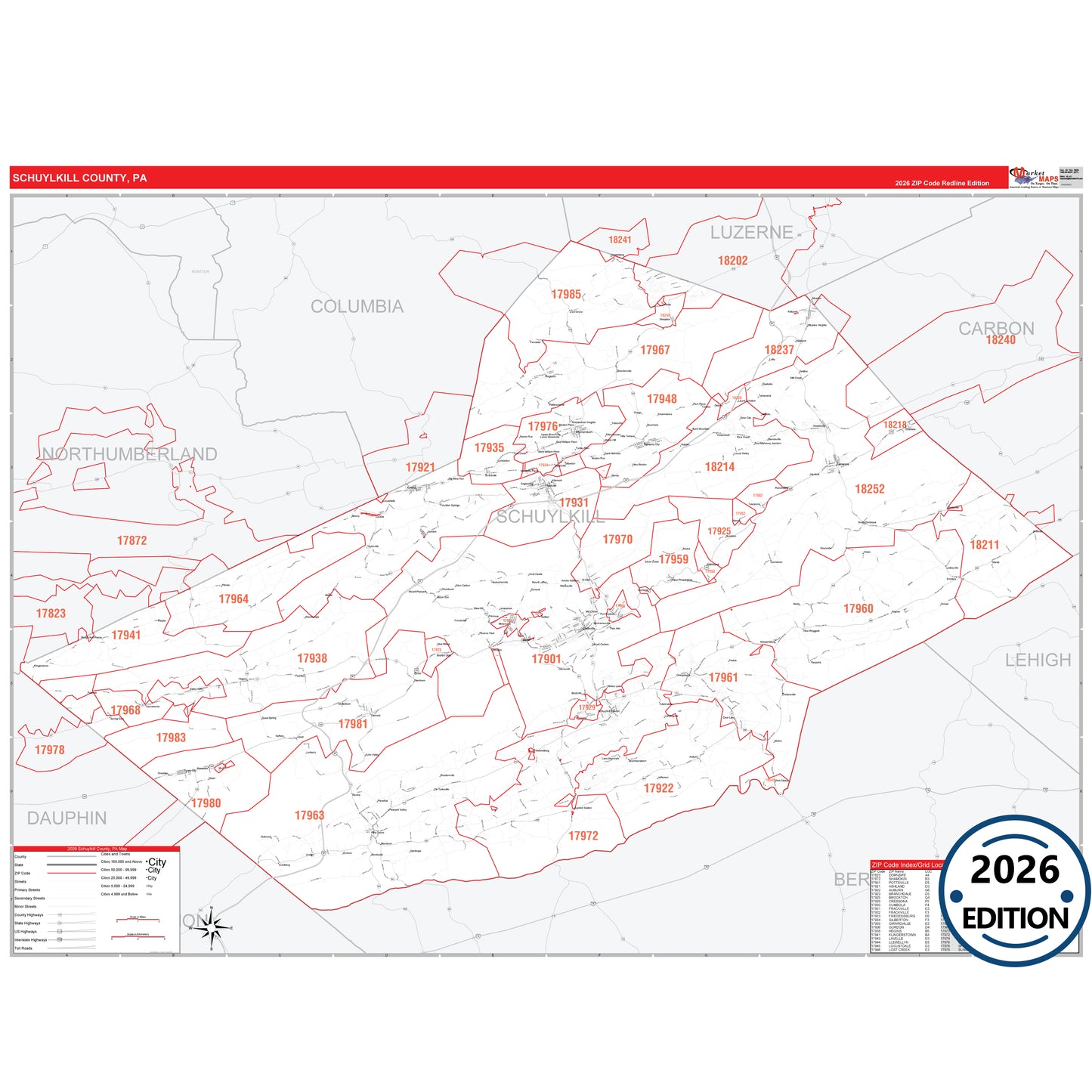 Schuylkill County, PA Red Line 5 Digit ZIP Code Wall Map