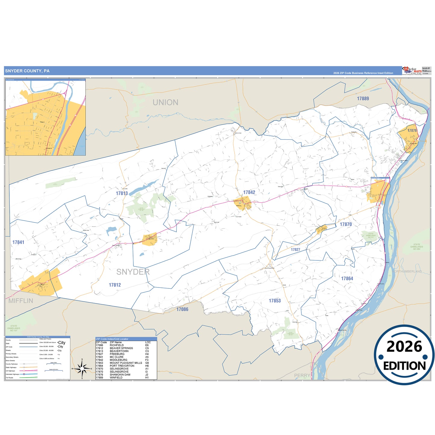 Snyder County, PA Business Reference 5 Digit ZIP Code Wall Map