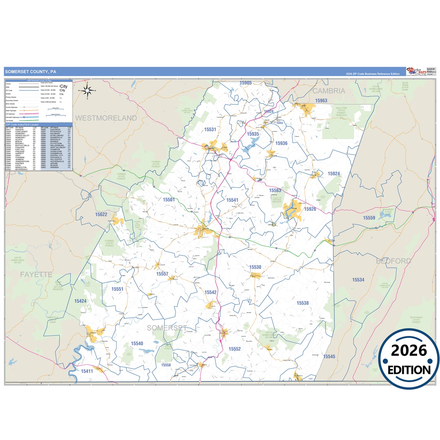 Somerset County, PA Business Reference 5 Digit ZIP Code Wall Map