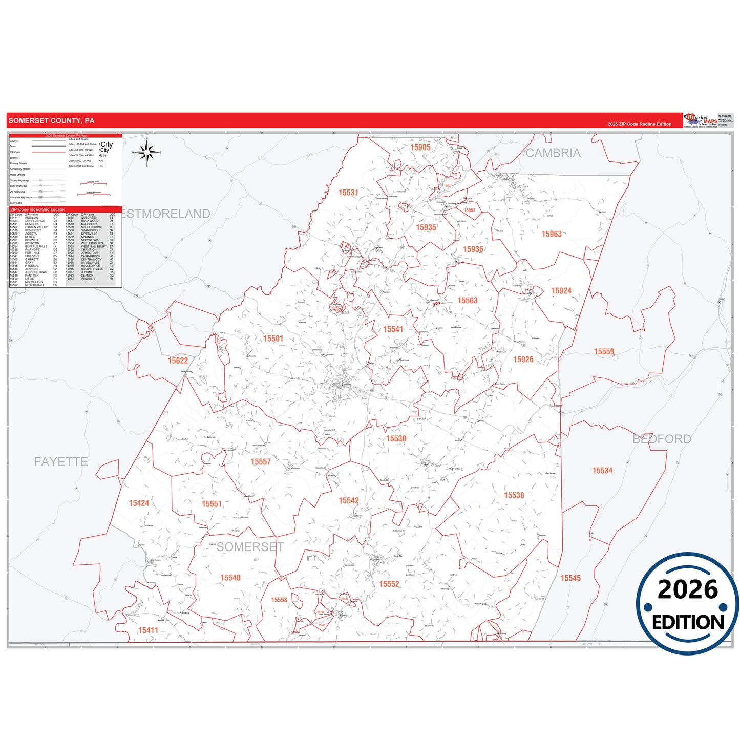 Somerset County, PA Red Line 5 Digit ZIP Code Wall Map