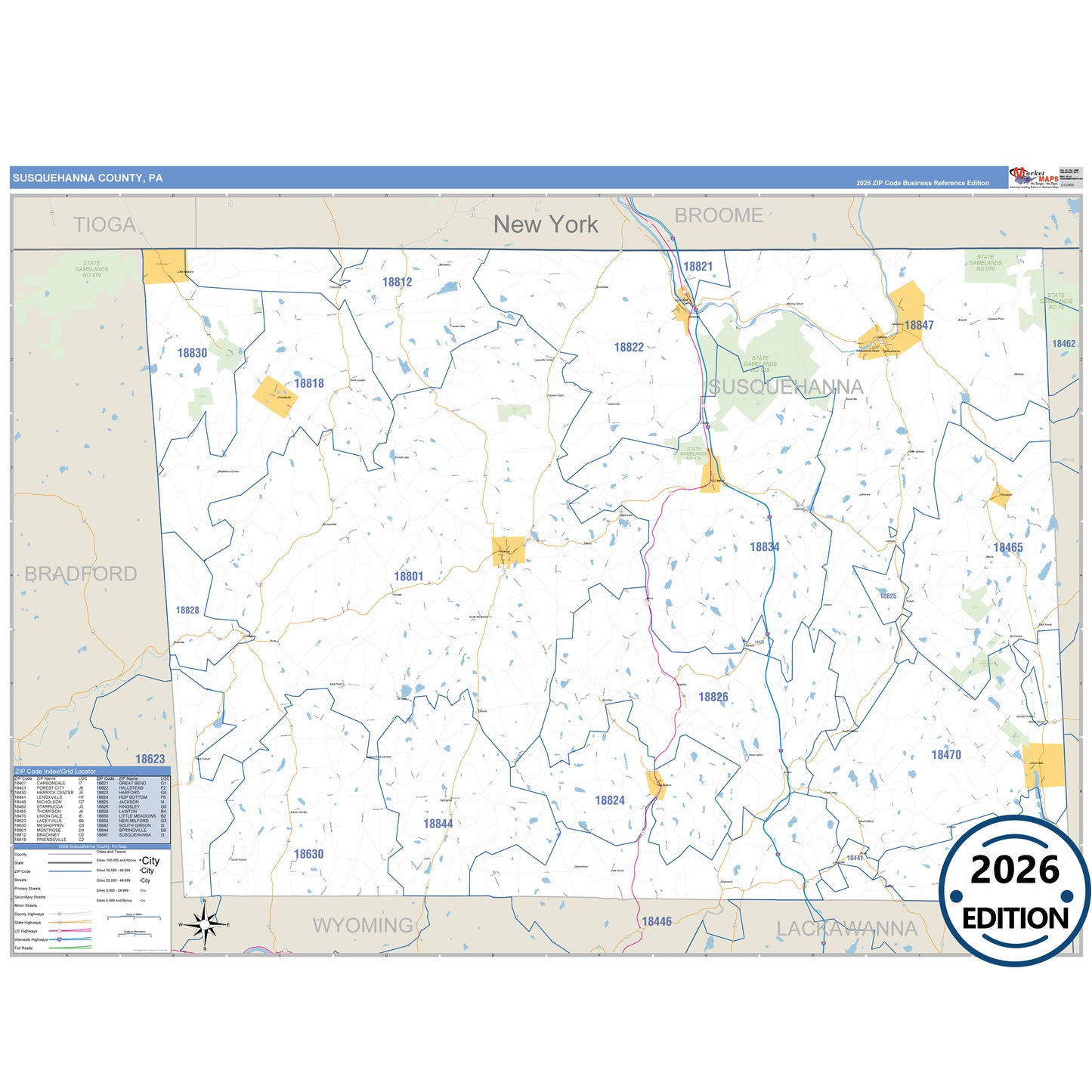 Susquehanna County, PA Business Reference 5 Digit ZIP Code Wall Map
