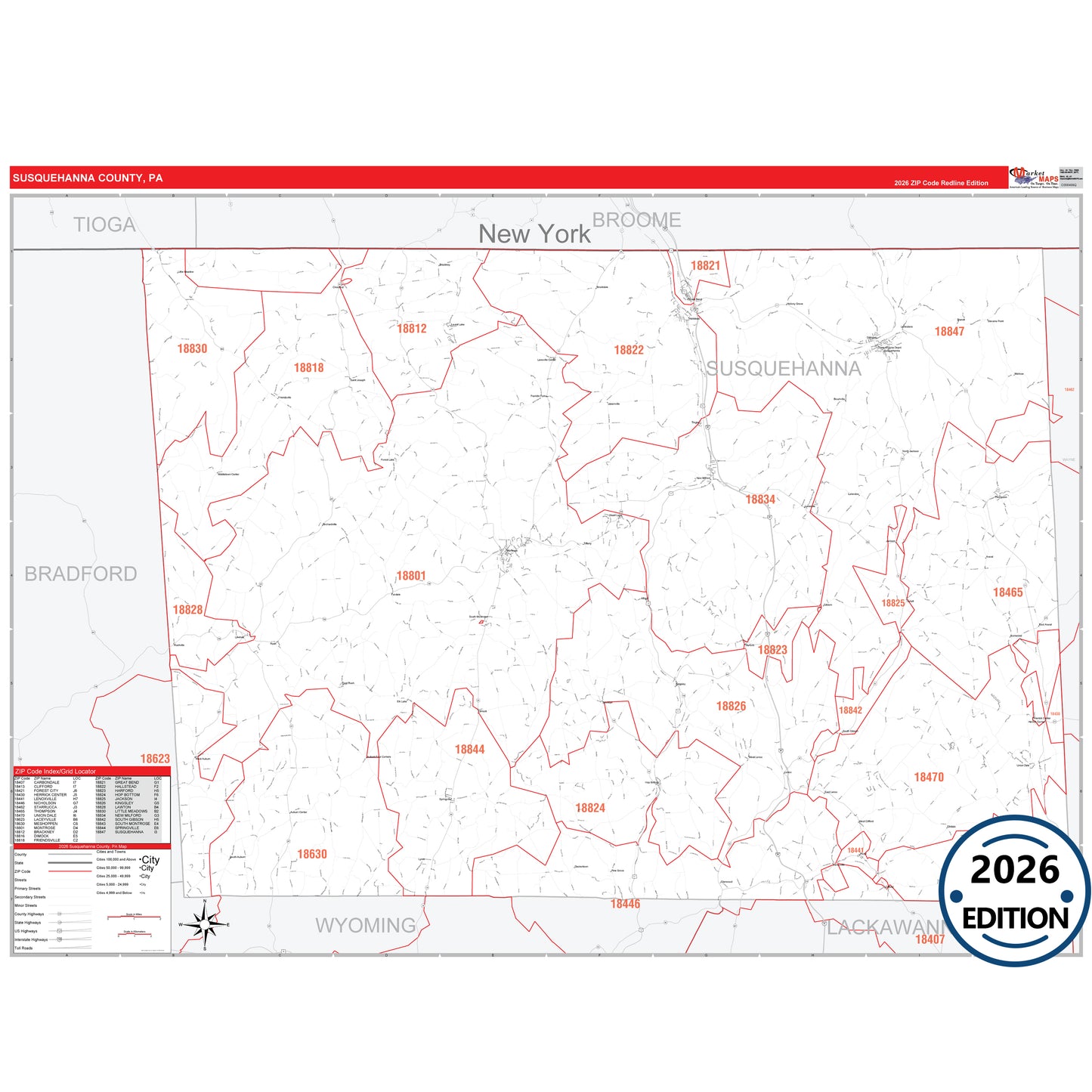Susquehanna County, PA Red Line 5 Digit ZIP Code Wall Map