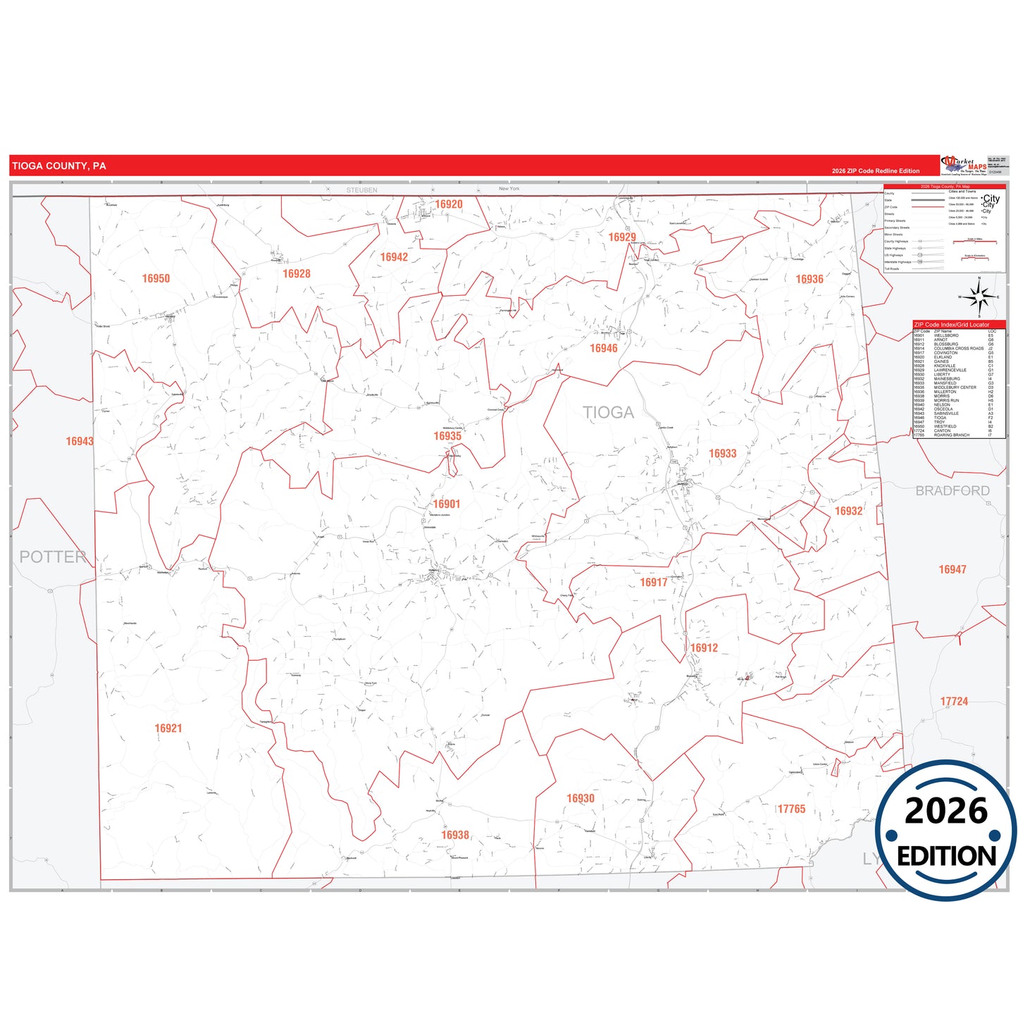 Tioga County, PA Red Line 5 Digit ZIP Code Wall Map