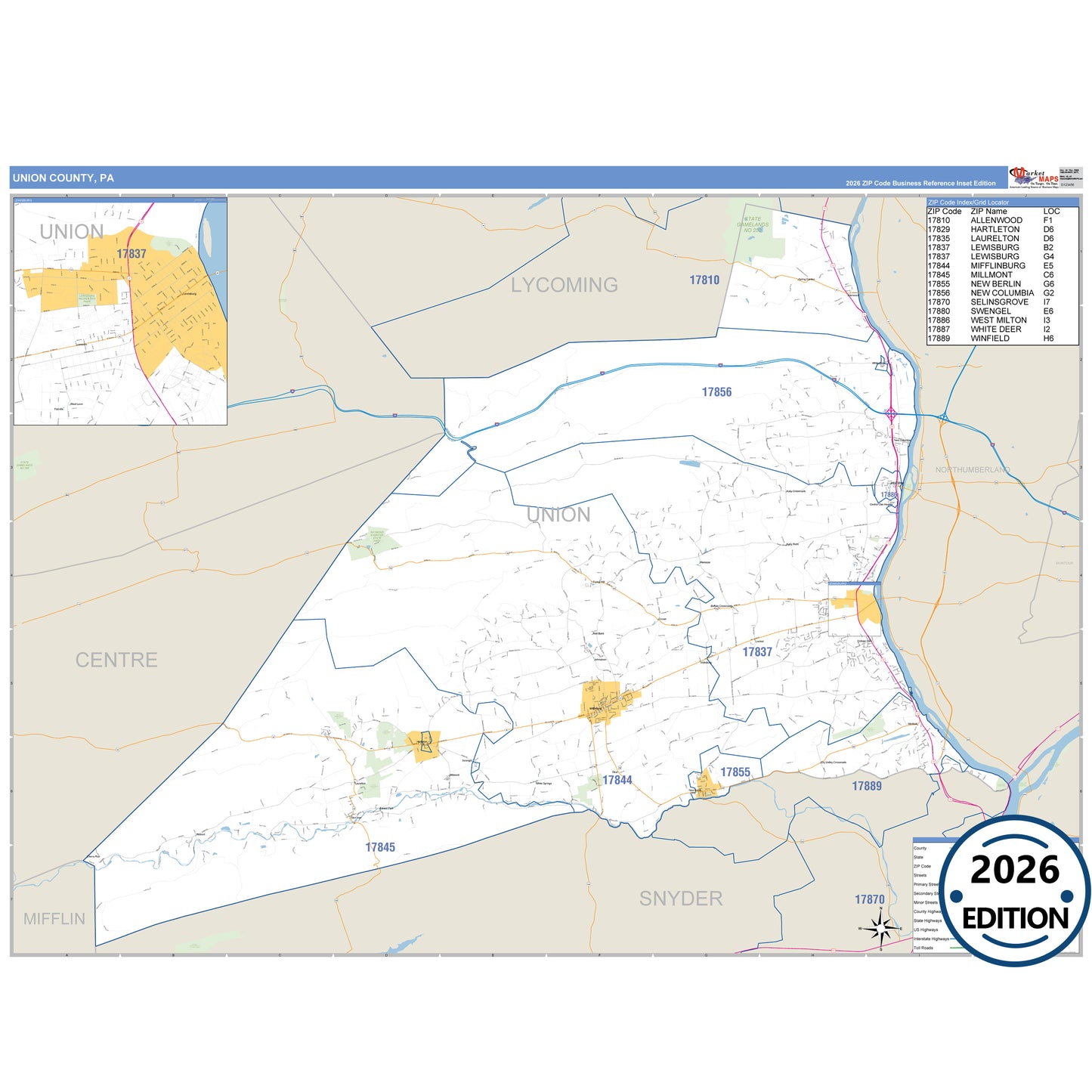 Union County, PA Business Reference 5 Digit ZIP Code Wall Map