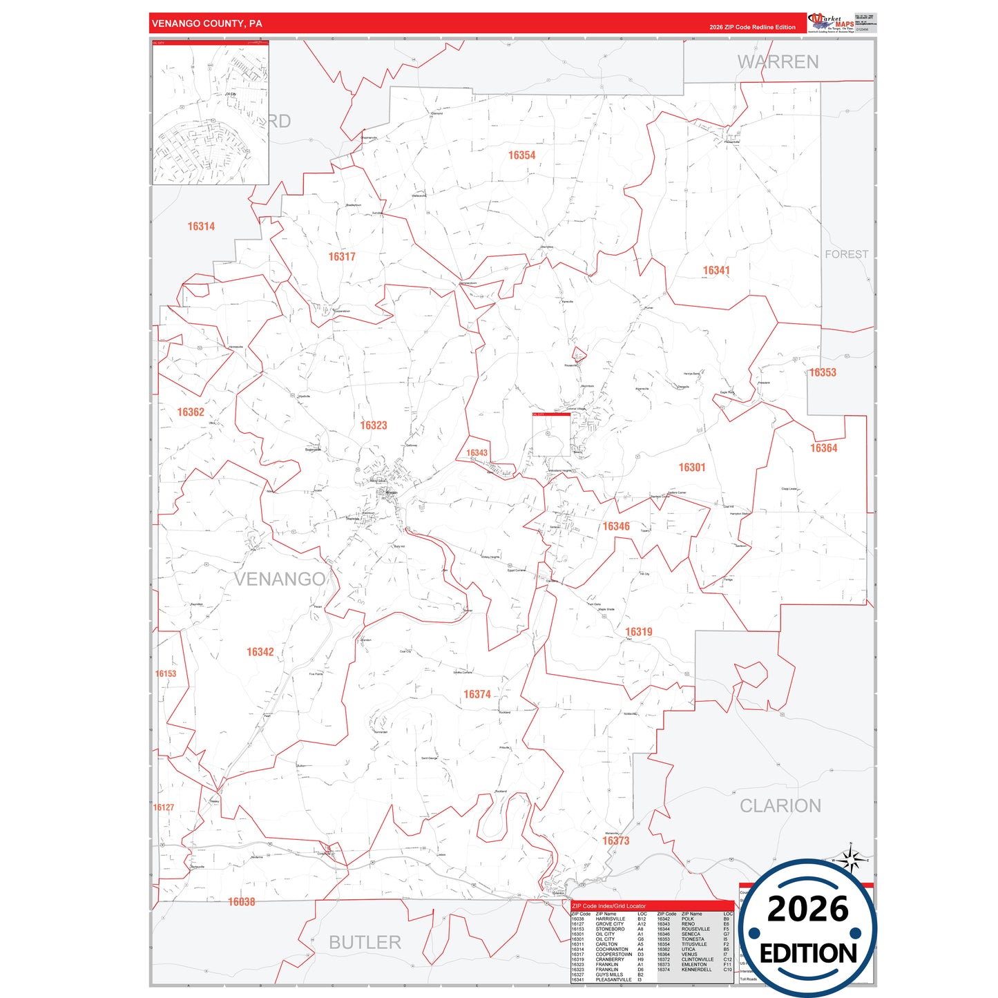 Venango County, PA Red Line 5 Digit ZIP Code Wall Map