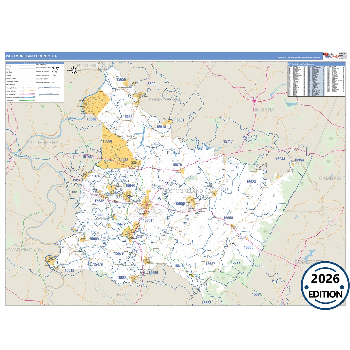 Westmoreland County, PA Business Reference 5 Digit ZIP Code Wall Map