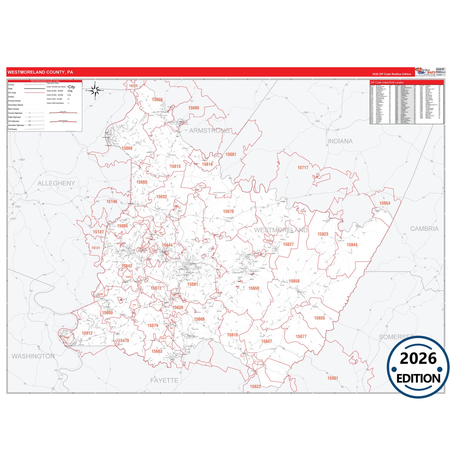 Westmoreland County, PA Red Line 5 Digit ZIP Code Wall Map
