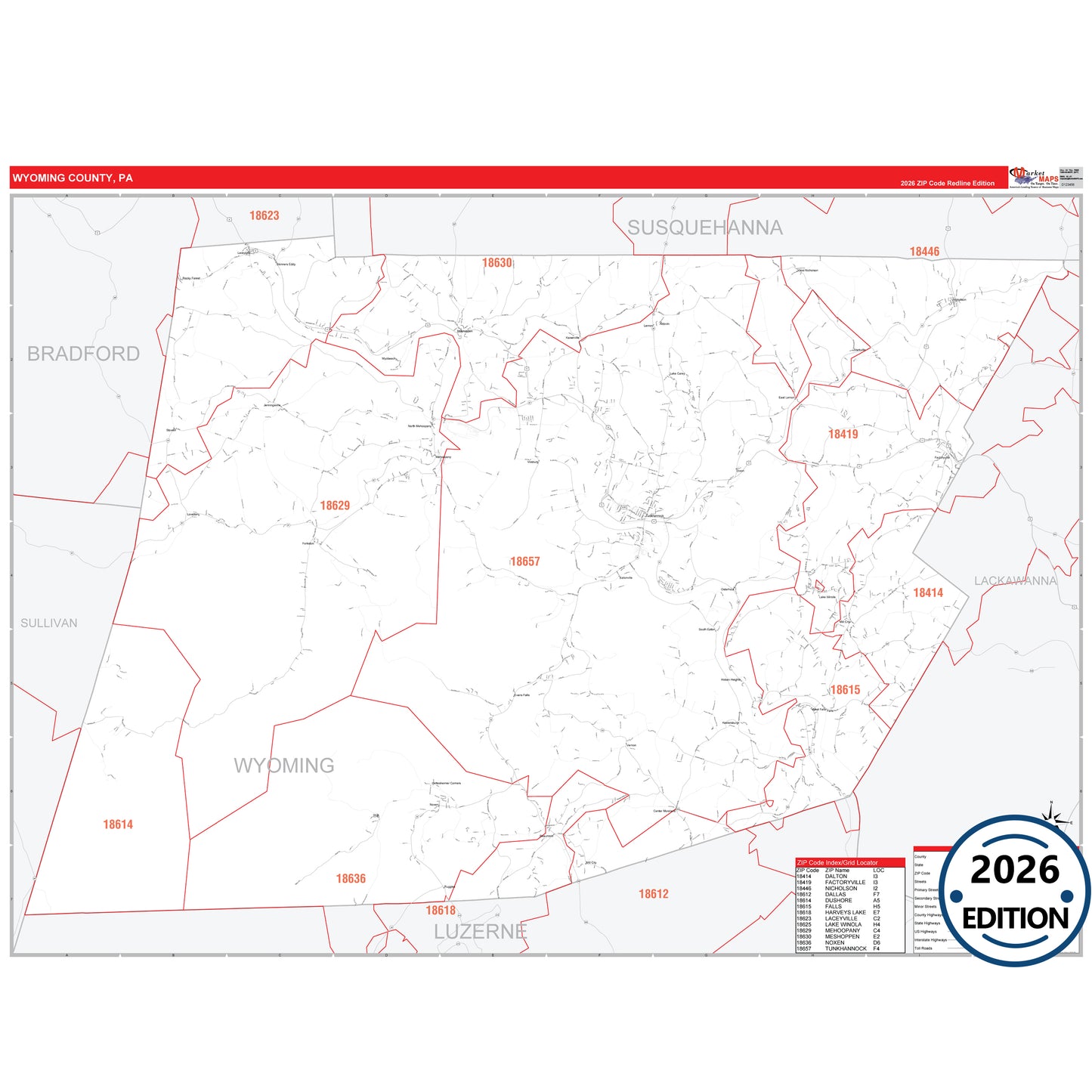 Wyoming County, PA Red Line 5 Digit ZIP Code Wall Map