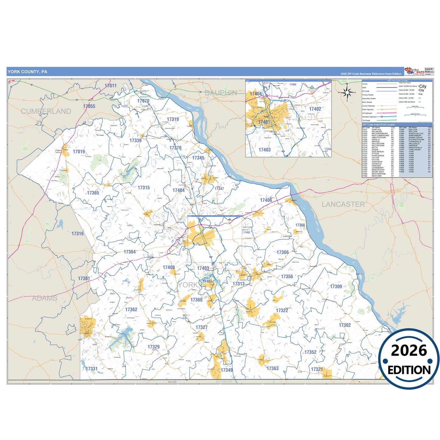 York County, PA Business Reference 5 Digit ZIP Code Wall Map