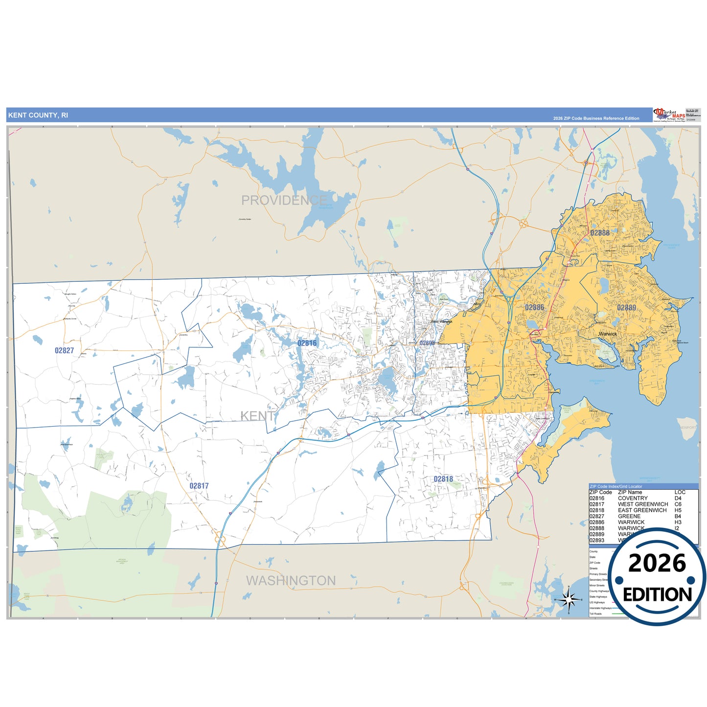 Kent County, RI Business Reference 5 Digit ZIP Code Wall Map