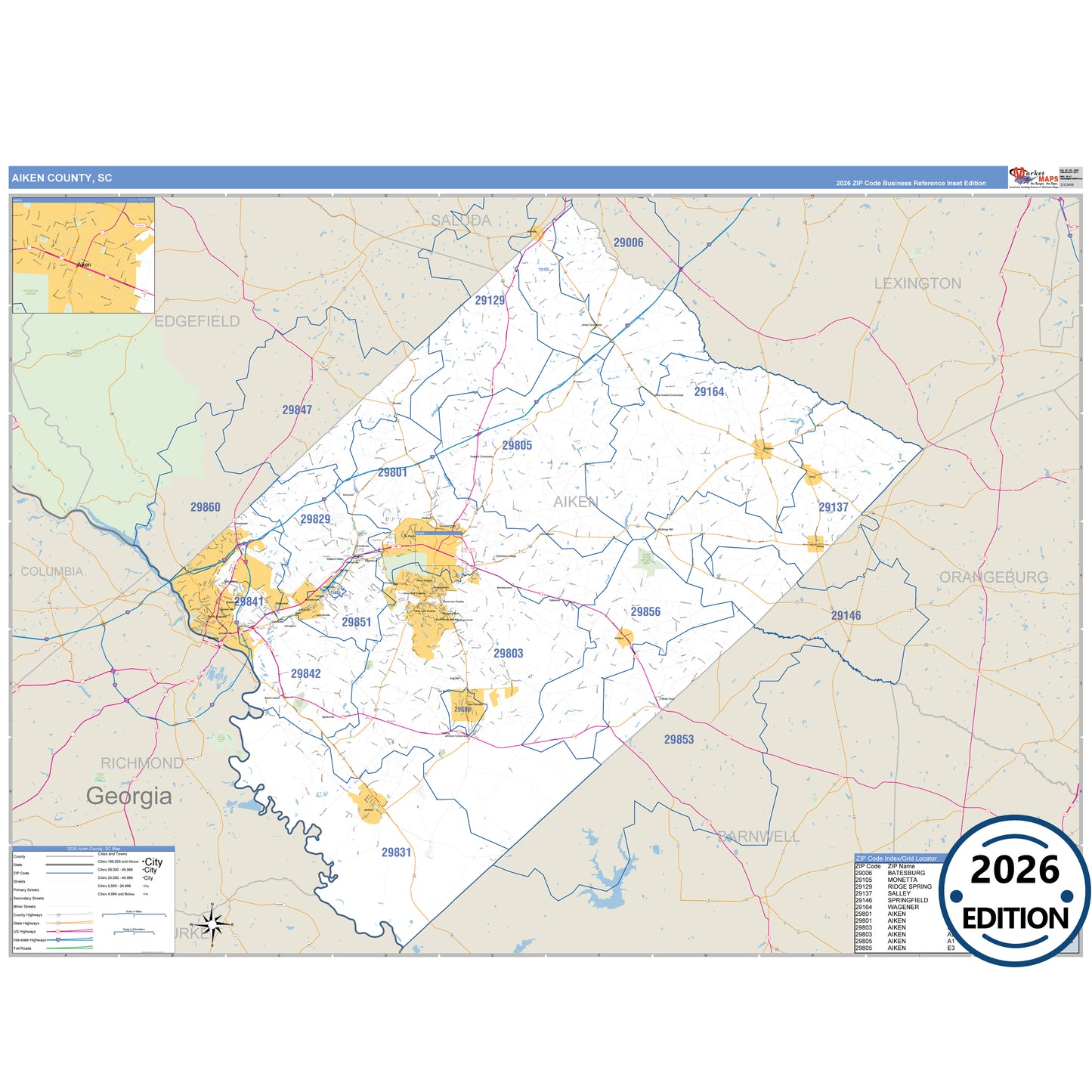Aiken County, SC Business Reference 5 Digit ZIP Code Wall Map