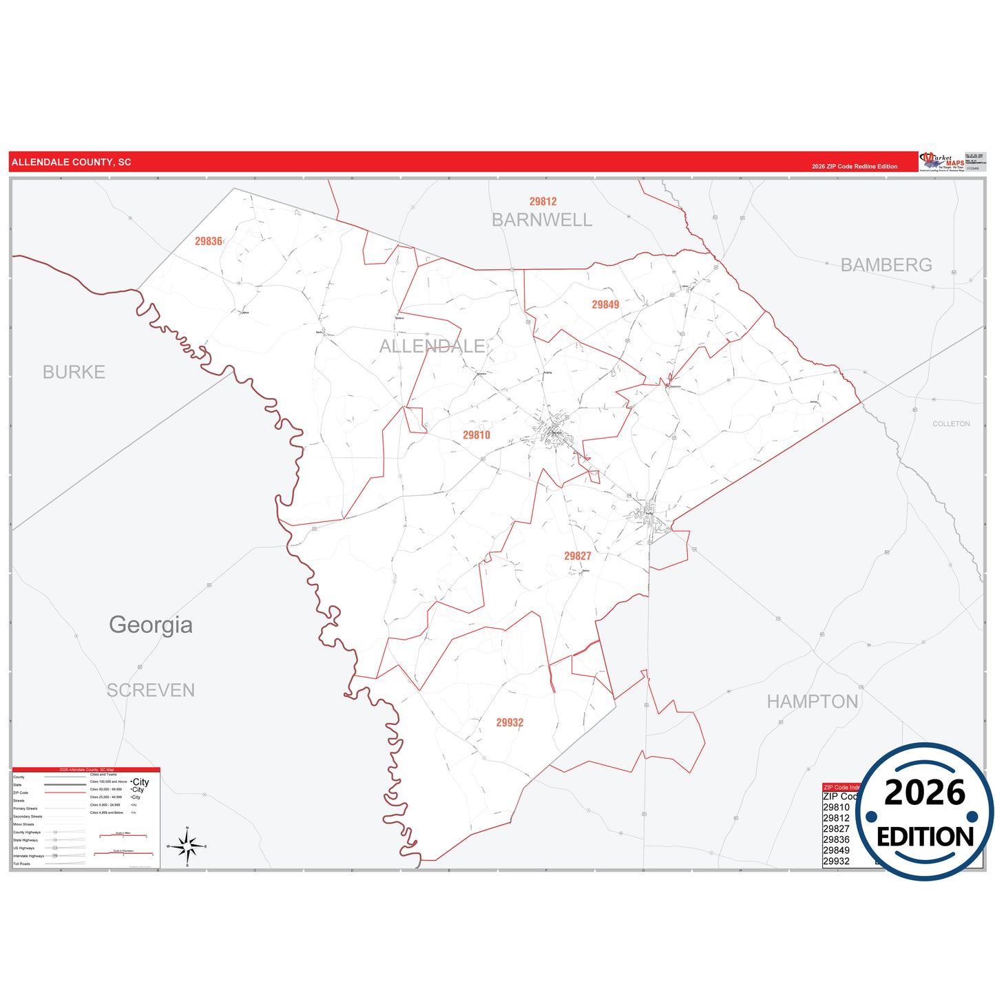 Allendale County, SC Red Line 5 Digit ZIP Code Wall Map