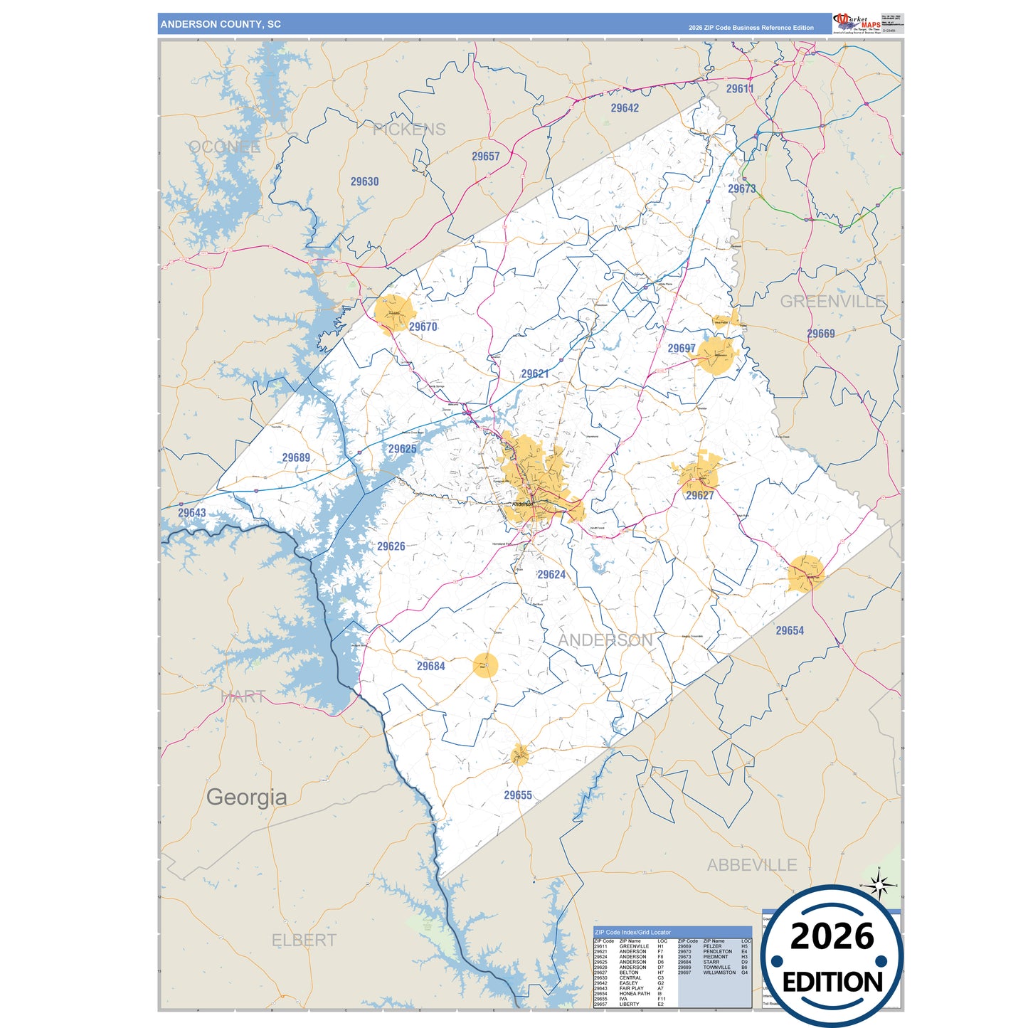 Anderson County, SC Business Reference 5 Digit ZIP Code Wall Map