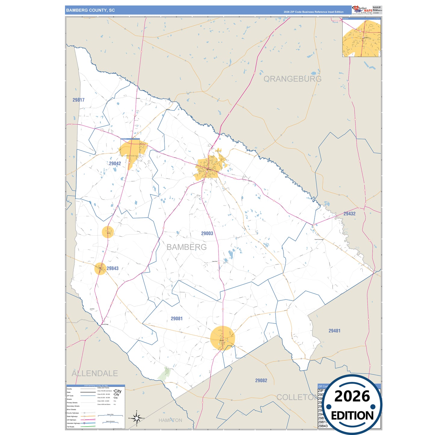 Bamberg County, SC Business Reference 5 Digit ZIP Code Wall Map